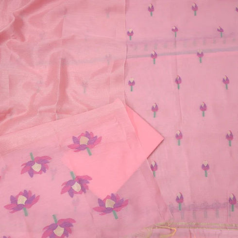 A Freakin Lotus Pink Jamdani Muga Silk Unstitched Suit Set